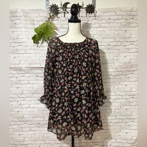 Free People Black Floral Print Smocked Mini Dress